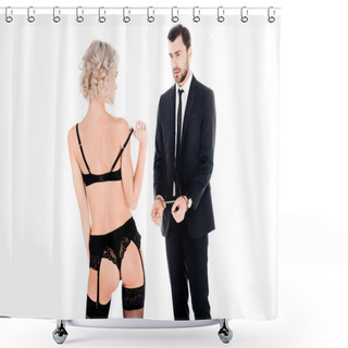 Personality  Couple Of Young Adults Looking At Each Other While Man Is In Handcuffs And Woman In Lingerie Isolated On White Shower Curtains