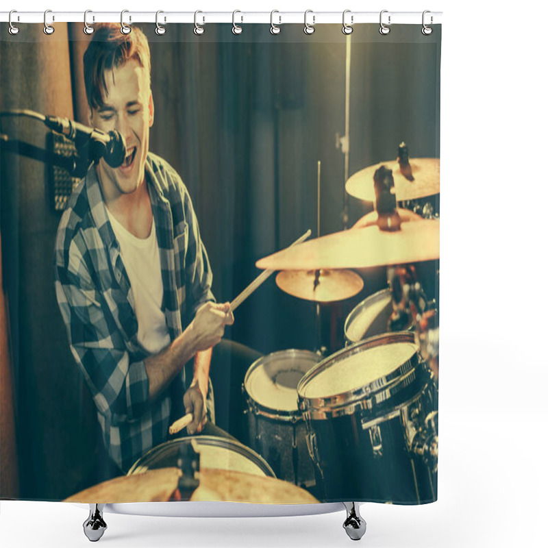 Personality  Selective Focus Of Handsome Drummer Singing In Microphone While Playing Drums  Shower Curtains