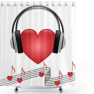 Personality  Love Music Red Heart Headphones With Notes Shower Curtains