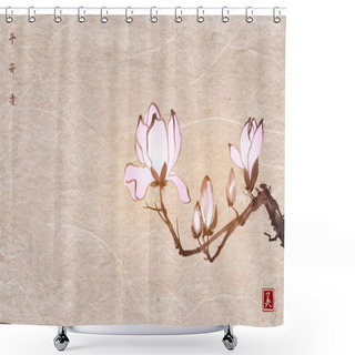 Personality  Pink Magnolia Flowers On Vintage Paper Background. Traditional Oriental Ink Painting Sumi-e, U-sin, Go-hua. Translation Of Hieroglyphs - Peace, Tranquility, Clarity, Beauty. Shower Curtains