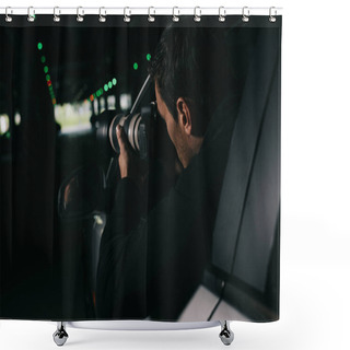 Personality  Rear View Of Male Paparazzi Spying By Camera With Object Glass From His Car  Shower Curtains