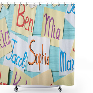 Personality  Paper Notes With Different Baby Names On Light Blue Wooden Table, Flat Lay Shower Curtains