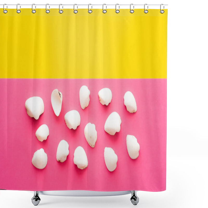 Personality  Top View Of White Seashells On Yellow And Pink Background  Shower Curtains
