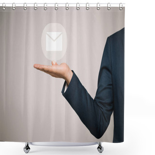 Personality  Partial View Of Businessman In Suit Gesturing And Presenting Email Icon Isolated On Grey Shower Curtains
