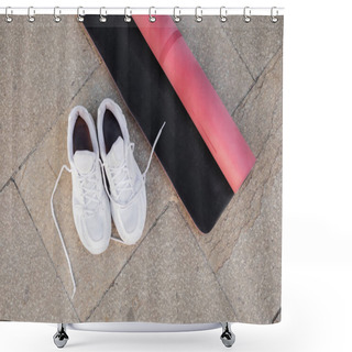 Personality  Top View Of White Sneakers And Pink Fitness Mat On Sidewalk Outdoors  Shower Curtains