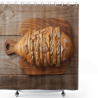 Personality  Top View Of Slices Of White And Brown Bread With Seeds In Loaf On Wooden Chopping Board Shower Curtains