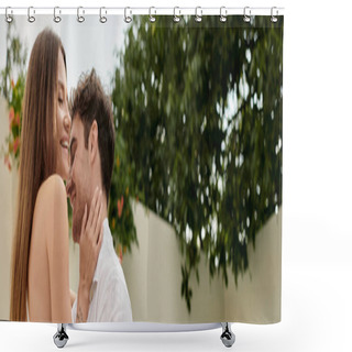 Personality  Tattooed Woman Smiling And Hugging Passionate Man During Summer Vacation, Romantic Getaway, Banner Shower Curtains