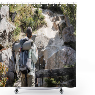 Personality  Back View Of Short Haired Young Traveler With Backpack And Travel Equipment Standing Near Hill With Stones And Green Grass At Background During Summer, Woman Trekking Across Vast Landscapes Shower Curtains