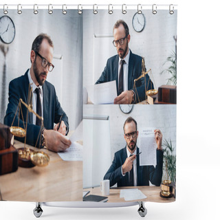 Personality  Collage Of Businessman In Glasses Looking At Insurance Policy Documents Near Scales And Books In Office Shower Curtains