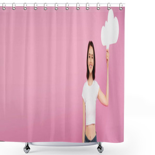 Personality  Panoramic Shot Of Smiling Pretty Girl Holding Blank White Thought Bubble Isolated On Pink Shower Curtains