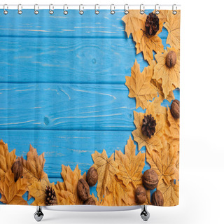 Personality  Top View Of Autumnal Foliage With Nuts And Cones On Blue Wooden Background Shower Curtains