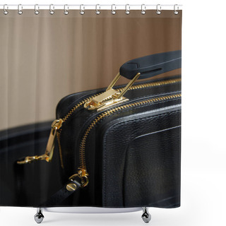 Personality  Close Up View Of Leather Handbag With Golden Zippers On Beige Background Shower Curtains