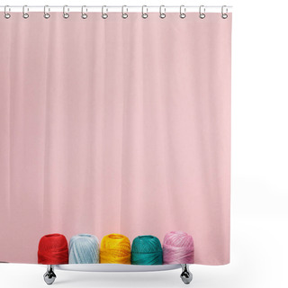 Personality  Top View Of Arranged Colorful Cotton Knitting Yarn Balls Isolated On Pink With Copy Space Shower Curtains