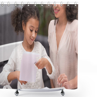 Personality  Cropped Image Of African American Daughter Cutting Paper For Greeting Card Shower Curtains