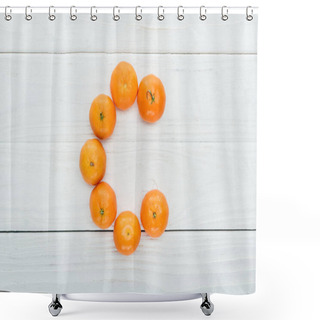 Personality  Top View Of Letter C Made Of Fresh Tangerines On Wooden White Background Shower Curtains