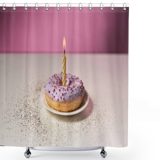 Personality  Burning Candle In Middle Of Glazed Doughnut With Sparkles On White Table On Pink Background Shower Curtains