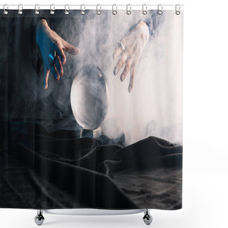 Personality  Cropped View Of Witch Performing Ritual With Crystal Ball On Dark Background Shower Curtains