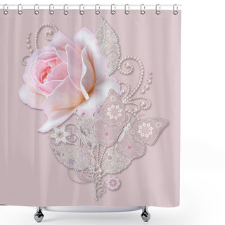 Personality  Decorative Decoration, Paisley Element, Delicate Textured Silver Leaves Made Of Fine Lace And Pearls. Jeweled Shiny Curls, Thread From Beads, Bud Pastel Pink Rose. Openwork Weaving Delicate, Butterfly Shower Curtains