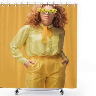 Personality  Curly Redhead Woman In Sunglasses With Flowers Standing With Hands In Pockets Isolated On Yellow  Shower Curtains