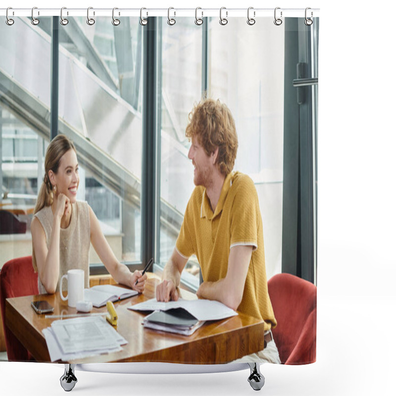 Personality  two cheerful coworkers at table working on their paperwork and looking at each other, coworking shower curtains