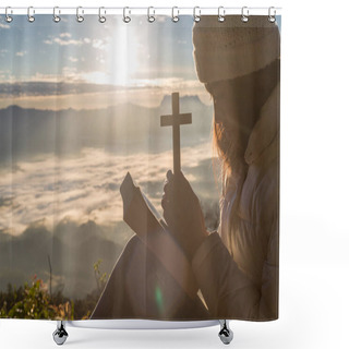 Personality  Women Pray To God With The Cross On The Mountain Background With Morning Sunrise. Woman Pray For God Blessing To Wishing Have A Better Life. Christian Life Crisis Prayer To God. Shower Curtains