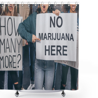 Personality  Cropped View Of Emotional Girl Pointing With Finger At Placard With No Marijuana Here Lettering Near Multicultural People On Black  Shower Curtains