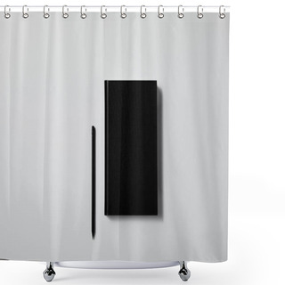 Personality  Top View Of Black Notebook With Pencil On White Surface For Mockup Shower Curtains