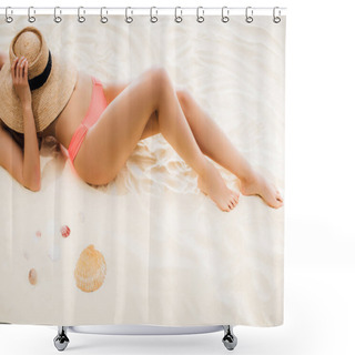 Personality  Cropped View Of Sexy Girl Covering Breasts With Straw Hat While Lying On Beach Shower Curtains