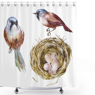 Personality  Nest With Eggs, A Couple Of Birds, Vuntage Shower Curtains