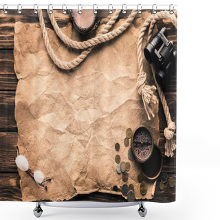 Personality  Top View Of Blank Crumpled Paper With Compass, Binoculars And Rope On Rustic Wooden Surface Shower Curtains