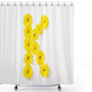 Personality  Top View Of Yellow Daisies Arranged In Letter K N White Background Shower Curtains