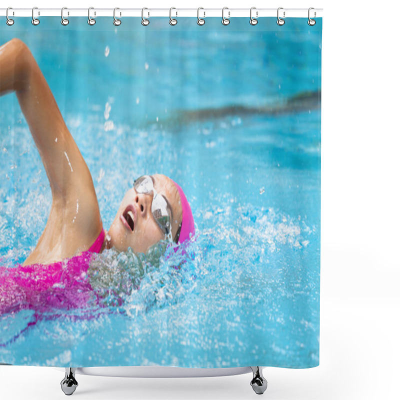 Personality  young women is swimming in the pool  shower curtains
