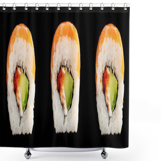 Personality  Fresh Delicious Philadelphia Sushi With Avocado, Creamy Cheese, Salmon And Masago Caviar Isolated On Black, Panoramic Shot Shower Curtains