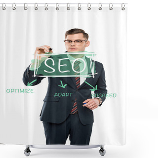 Personality  Handsome Businessman In Glasses Holding Marker Pen Near Seo Lettering On White  Shower Curtains