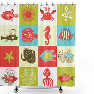 Personality  Set Of Whimsical Fishes And Marine Life Shower Curtains