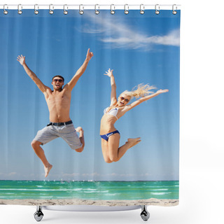 Personality  Happy Couple Jumping On The Beach Shower Curtains