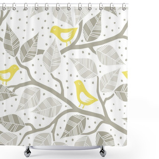 Personality  Yellow Birds On Branches With Beige Leaves On White Dotted Background Seasonal Seamless Pattern Shower Curtains