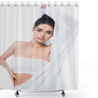 Personality  Brunette Woman In Bra Looking At Camera While Holding Cloth Isolated On White  Shower Curtains