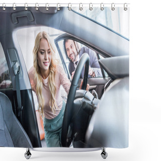 Personality  Seller In Formal Wear Recommending Automobile To Woman At Dealership Salon Shower Curtains