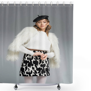 Personality  Young Woman In Beret, White Faux Fur Jacket And Skirt With Animal Print Posing Isolated On Grey Shower Curtains