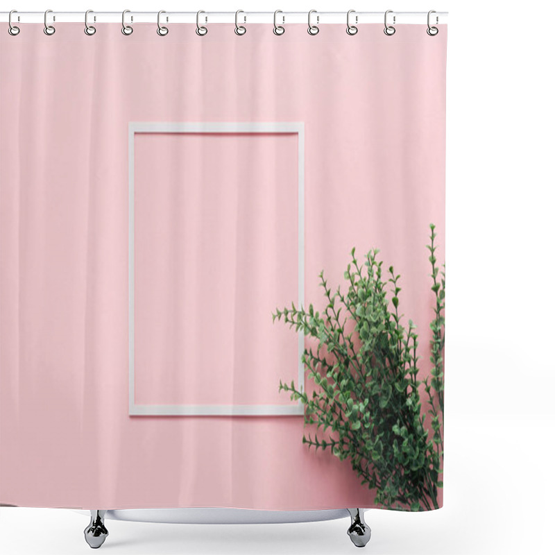 Personality  Top View Of White Square And Green Plant On Pink, Minimalistic Concept Shower Curtains