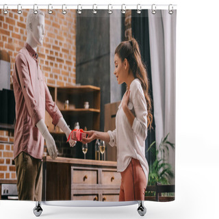 Personality  Woman Pretending To Except Gift From Mannikin, Loneliness And Perfect Man Dream Concept Shower Curtains