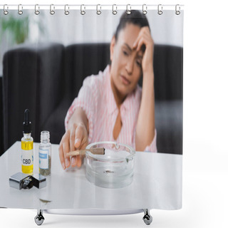 Personality  Blurred African American Woman Suffering From Migraine And Reaching Joint In Astray Near Bottles With Medical Cannabis And Cbd On Table Shower Curtains