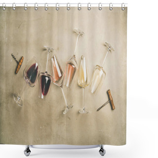 Personality  Red, Rose And White Wine In Glasses And Corkscrews Over Grey Concrete Background Shower Curtains