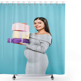 Personality  Smiling Pregnant Pretty Girl Holding Presents Isolated On Blue Shower Curtains
