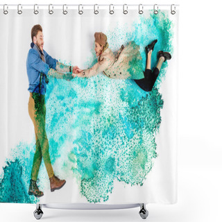 Personality  Elegant Woman Levitating In Air And Holding Hands With Man On Background With Watercolor Turquoise Spills Shower Curtains