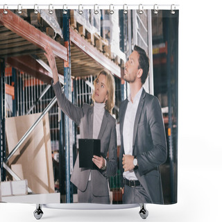 Personality  Attractive Businessman Holding Clipboard And Pointing With Finger While Standing Near Businessman In Warehouse Shower Curtains