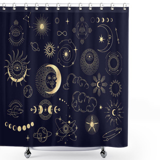 Personality  Set Of Celestial Mystic Esoteric Magic Elements Sun Moon And Clouds Different Stages Of Moon, Zodiac Signs. Alchemy Tattoo Object Logo Template. Vector Shower Curtains