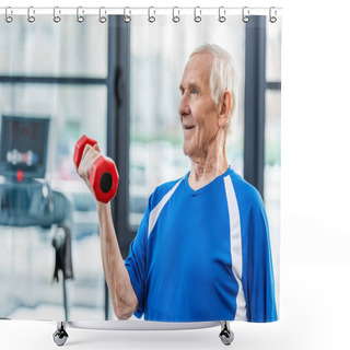 Personality  Happy Senior Sportsman Exercising With Dumbbell At Gym Shower Curtains