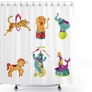 Personality  Vector Illustration Set With Circus Animals. Flat And Outline Style Design Element Isolated On White Background For Baby Birthday Party, Patch, Sticker, Invitation. Shower Curtains